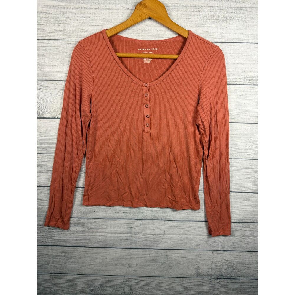 American Eagle Women's Medium Rust Orange Ribbed Henley Long Sleeve Top 0241